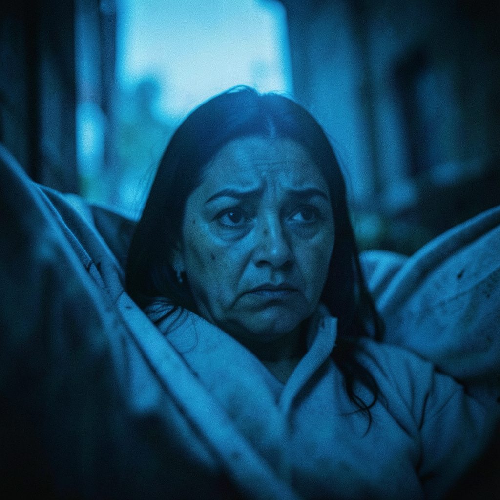 Atmósfera nocturna y tenebrosa con siluetas oscuras, tonos morados y negros profundos.
